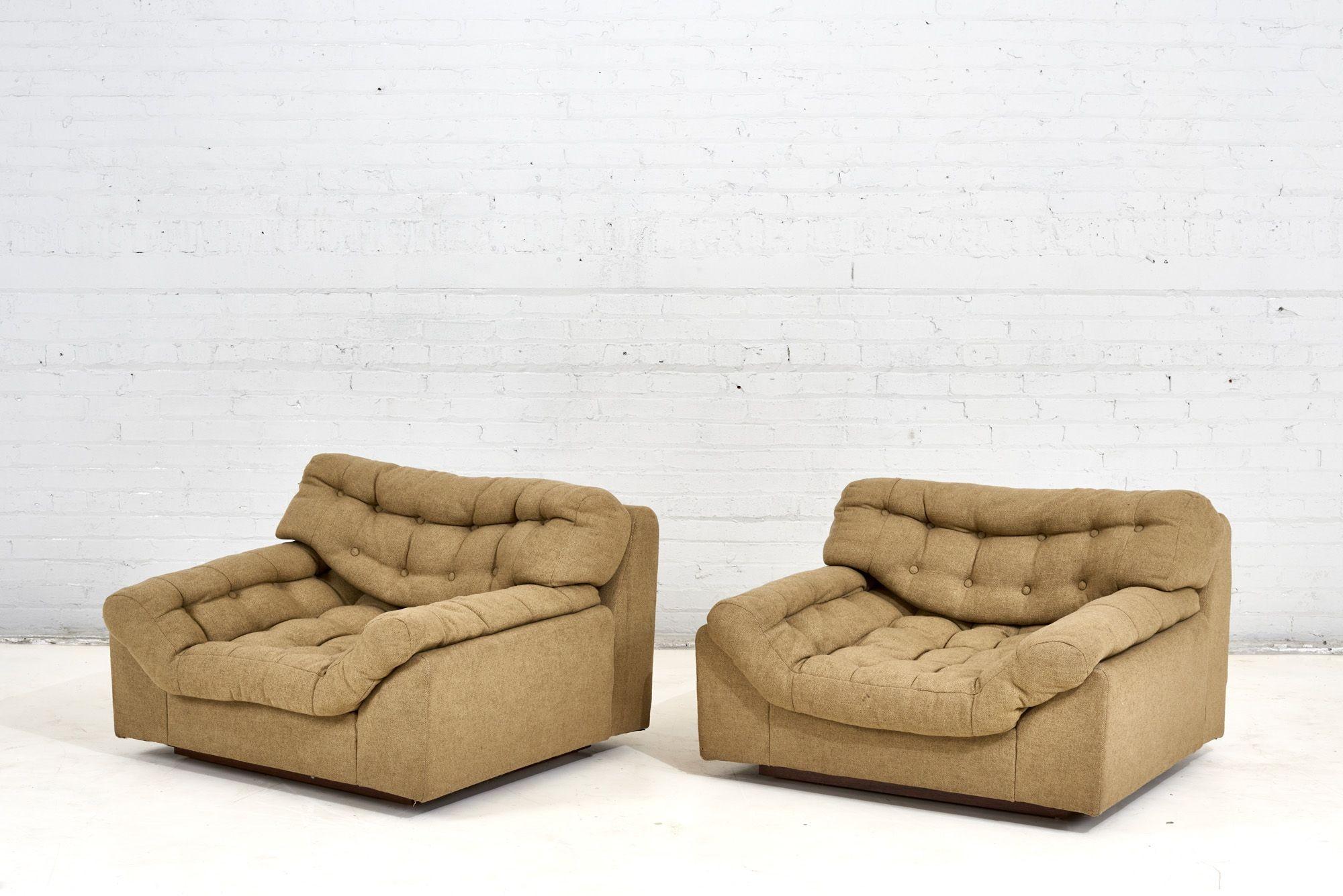 Mid-Century Modern American Modern Biscuit Tufted Lounge Chairs with Walnut Plinth Base, 1960