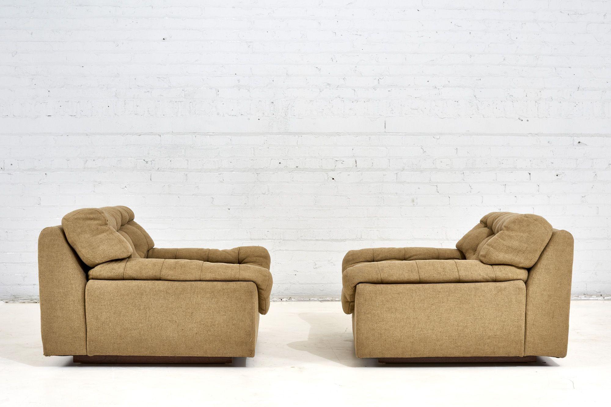 Upholstery American Modern Biscuit Tufted Lounge Chairs with Walnut Plinth Base, 1960