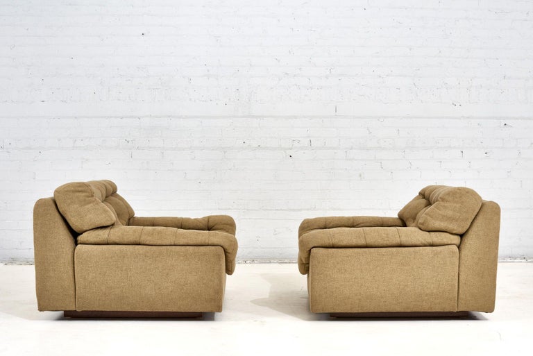 American Modern Biscuit Tufted Lounge Chairs with Walnut Plinth Base