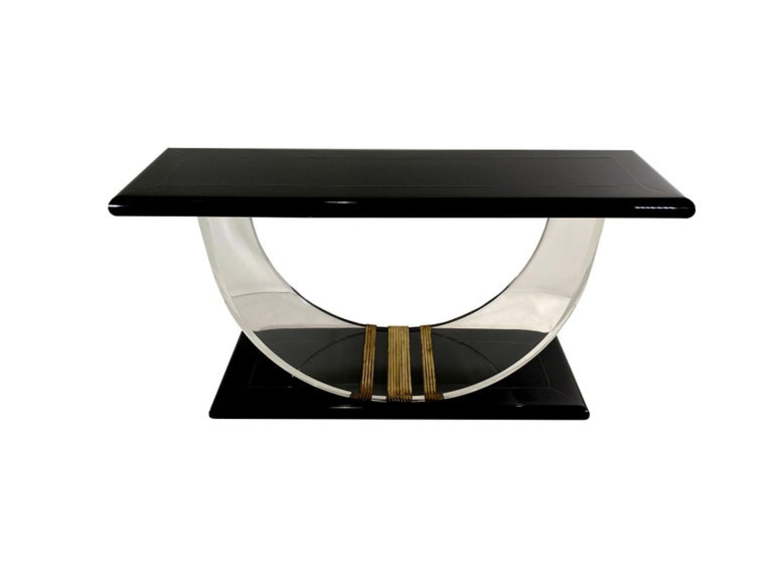 Consolle moderna americana in lacca nera, lucite e bande d'ottone, (RUDOLPH COLLECTION)