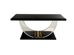 Console moderna americana in lacca nera, lucite e bande d'ottone, collezione Rudolph