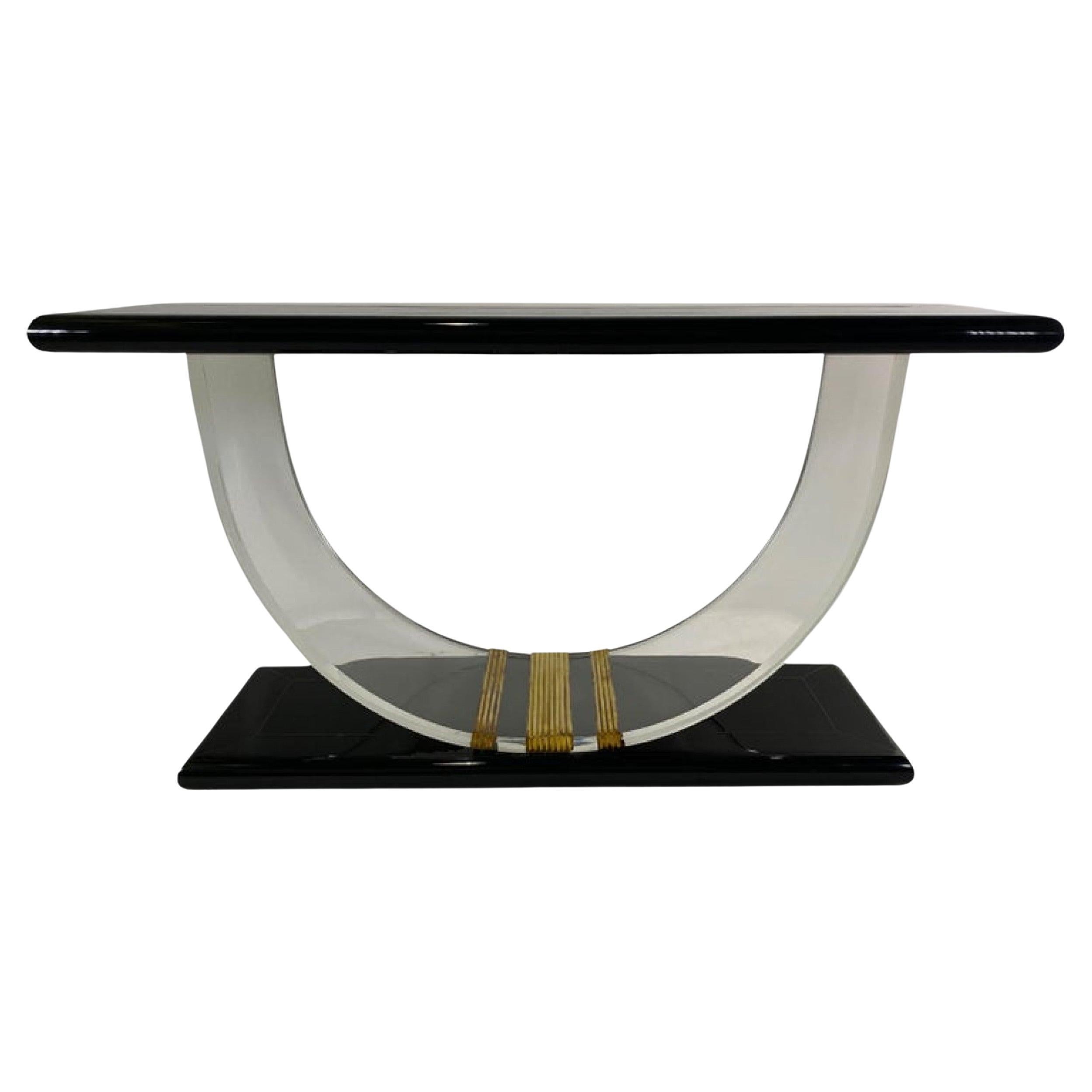 Console moderna americana in lacca nera, lucite e bande d'ottone, collezione Rudolph in vendita