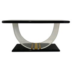 American Modern Black Lacquer, Lucite & Brass Banded Console, Rudolph Collection