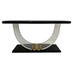 American Modern Black Lacquer, Lucite & Brass Banded Console, Rudolph Collection