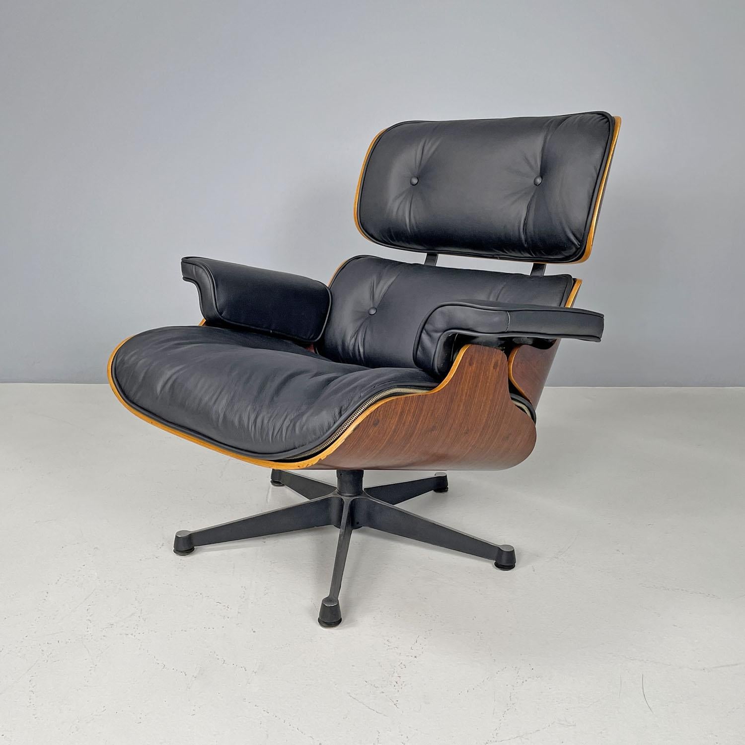 Modern American modern black leather lounge chair 670 671 by Eames for Miller, 1970s For Sale