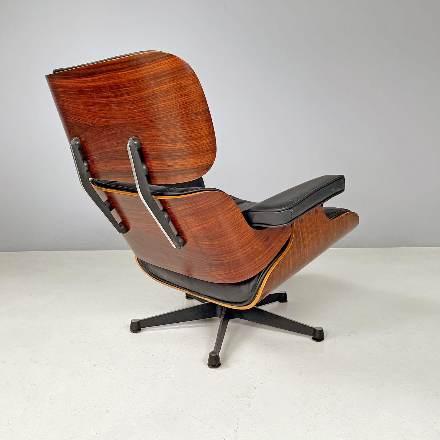 Metal American modern black leather lounge chair 670 671 by Eames for Miller, 1970s