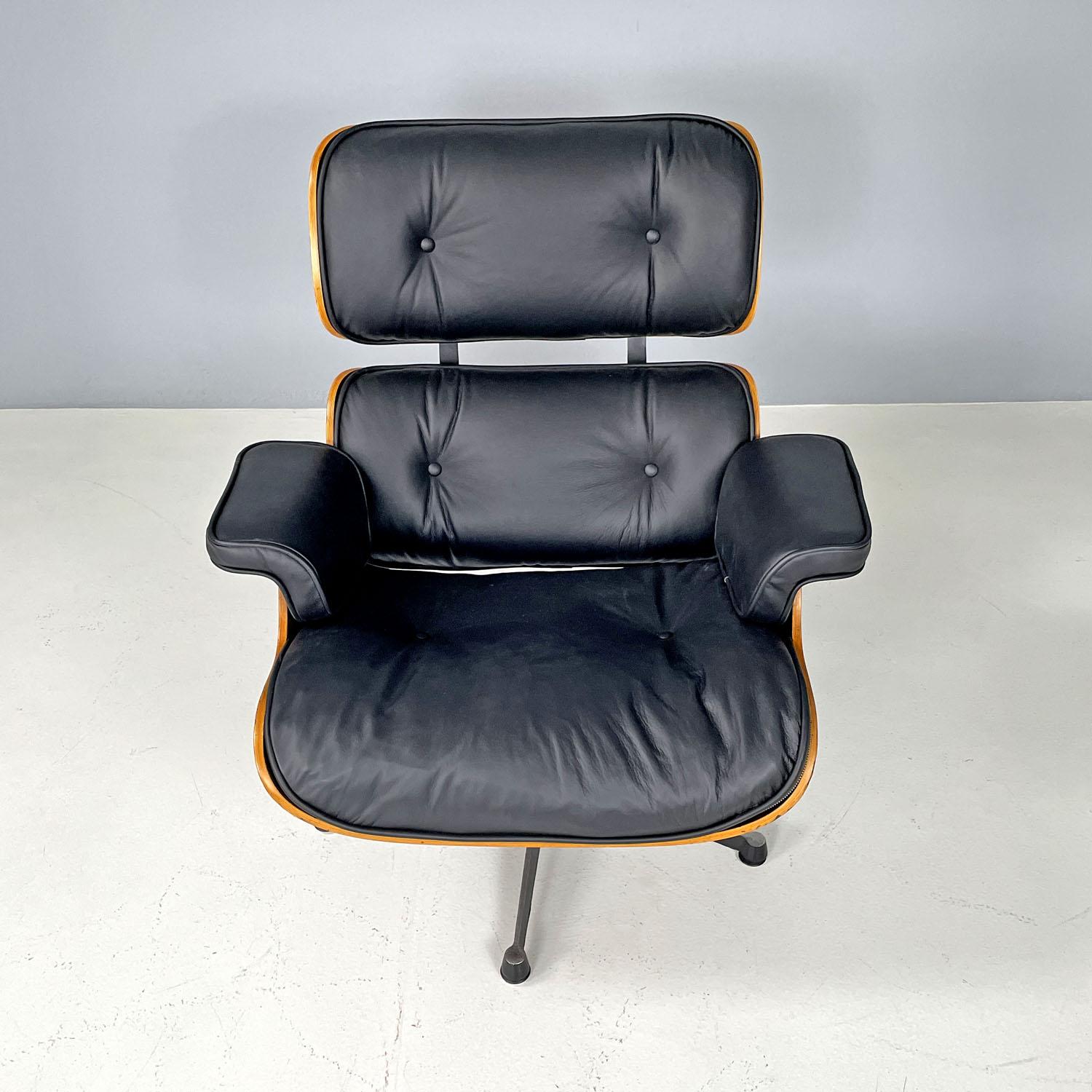 American modern black leather lounge chair 670 671 by Eames for Miller, 1970s For Sale 1