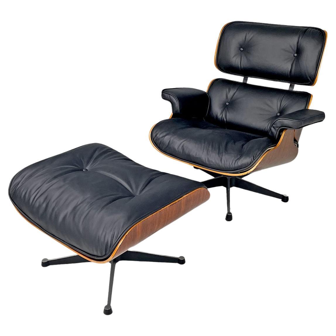 American modern black leather lounge chair 670 671 by Eames for Miller, 1970s