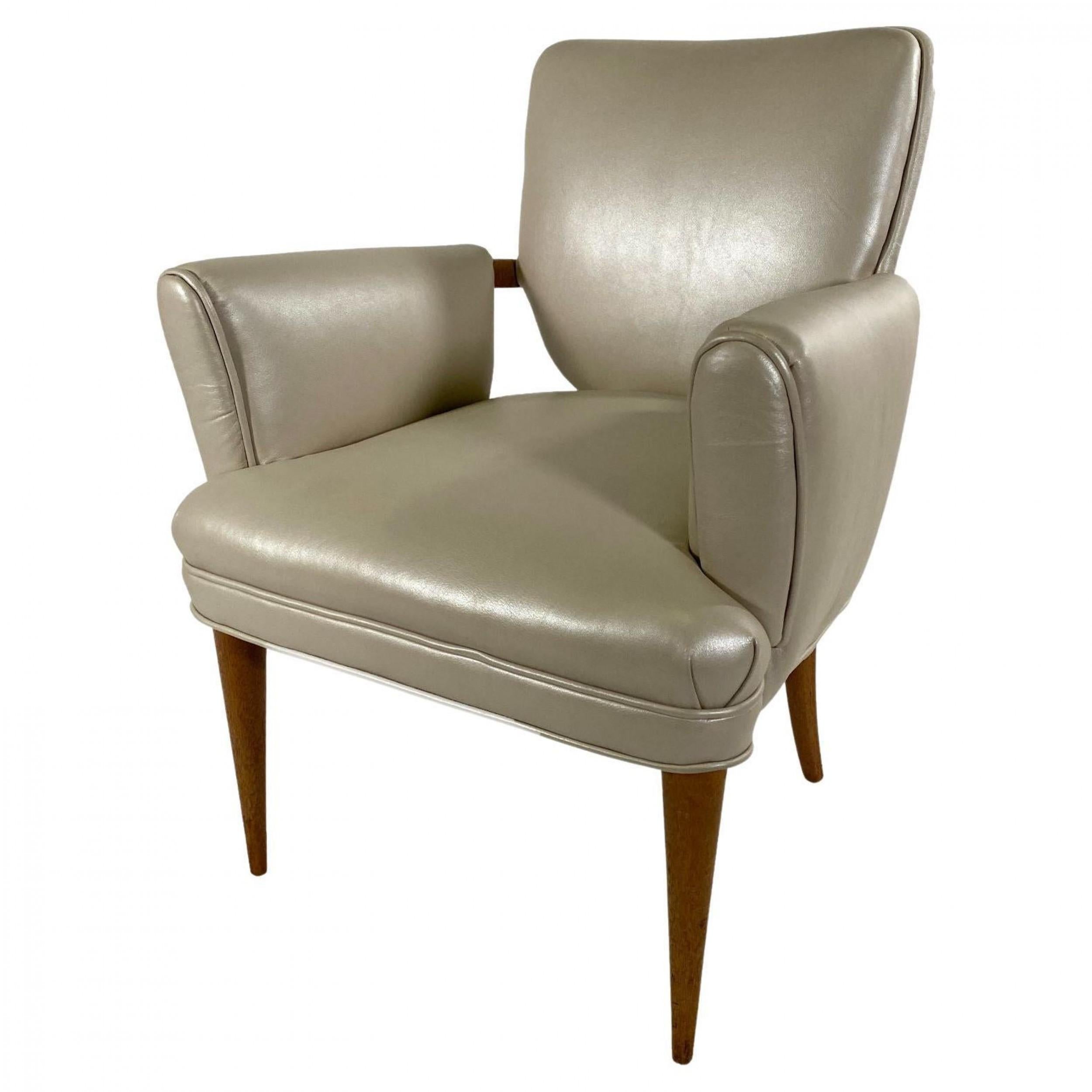 Fauteuil moderne américain en acajou blanchi et cuir, Paul Frankl