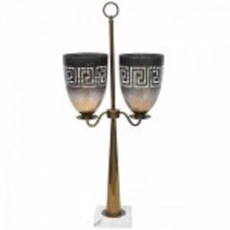 Mid-Century Modern Lampe moderne américaine en laiton, verre et marbre, style Tommi Parzinger en vente