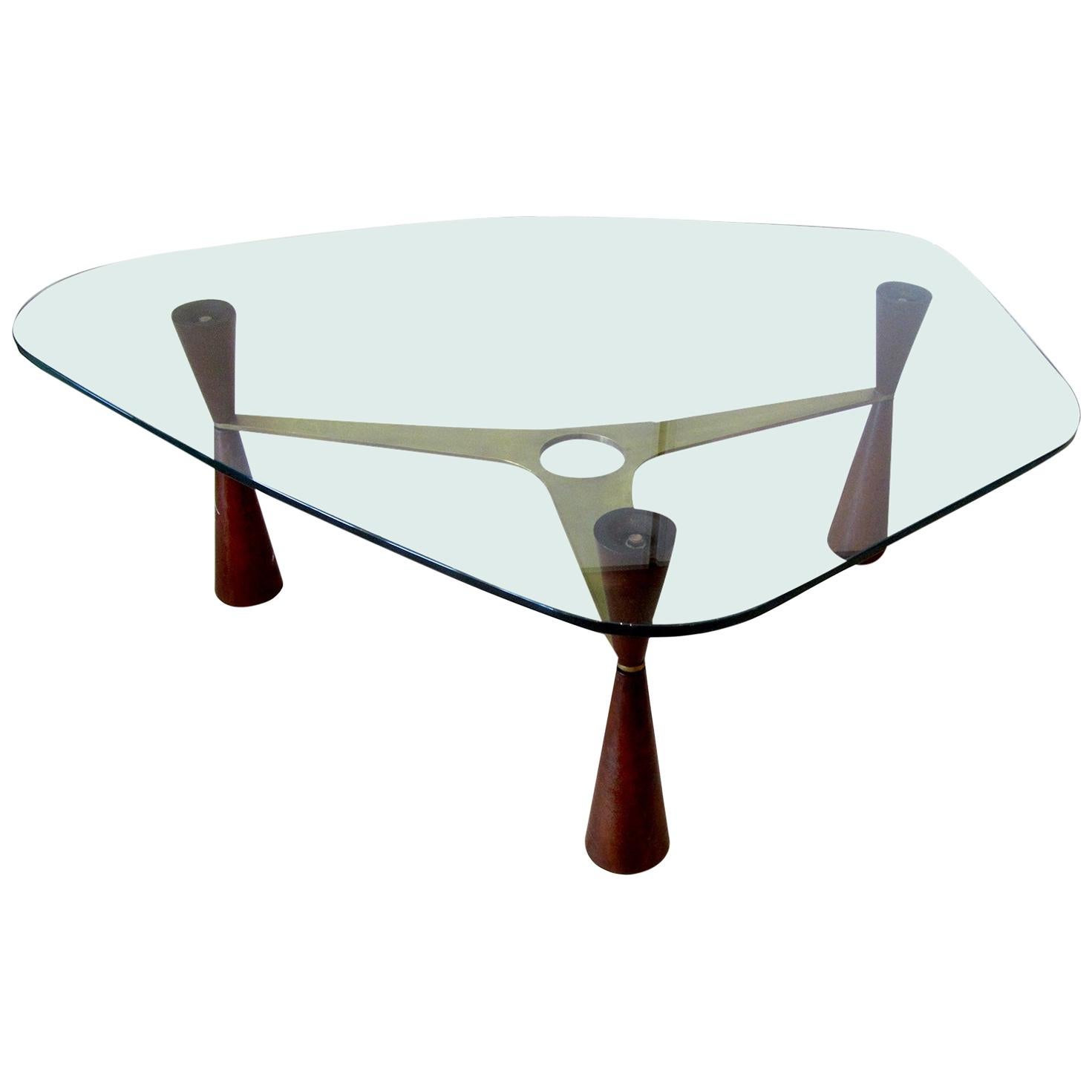 American Modern Brass /Wood/Glass Coffee Table, Edward Wormley for Dunbar