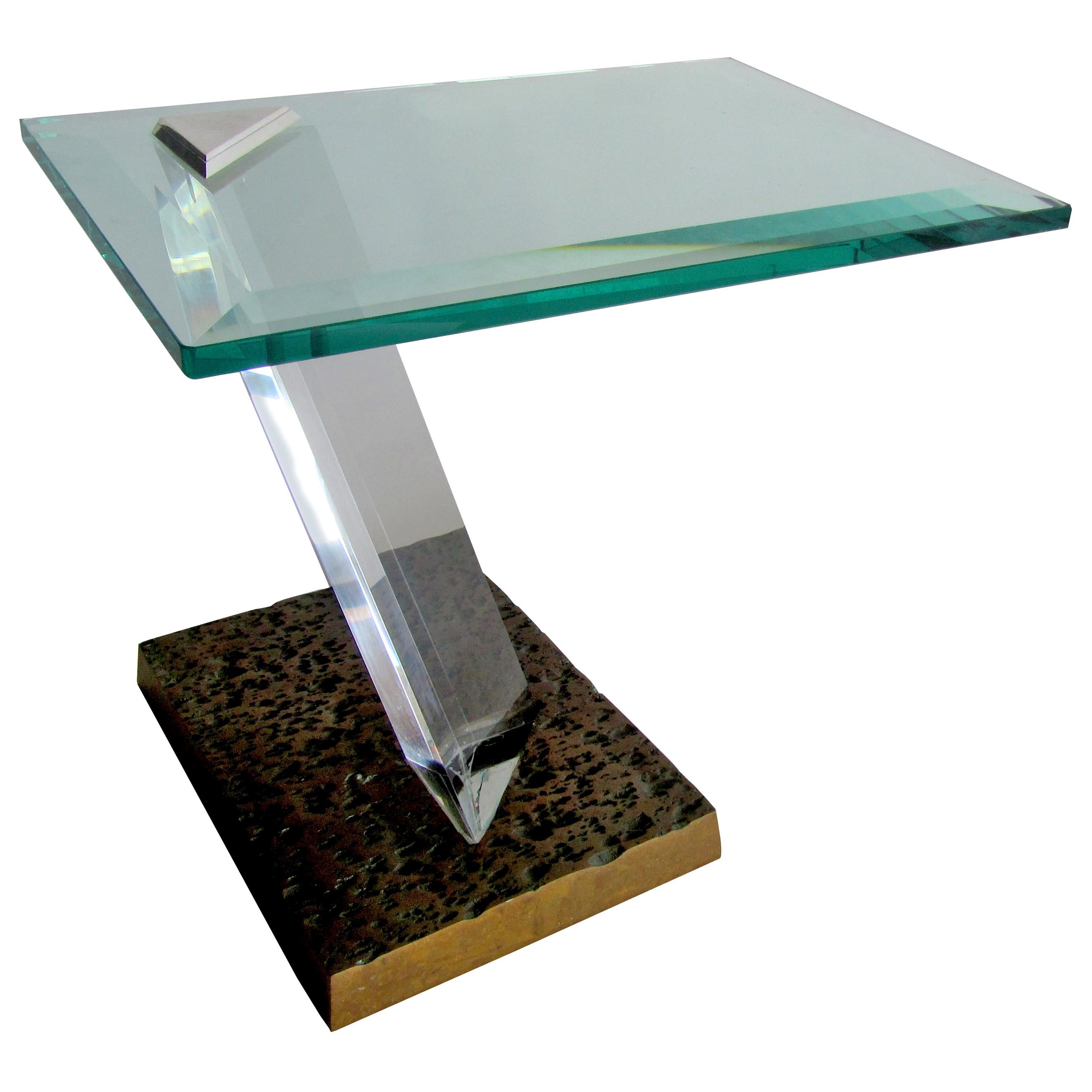 American Modern Bronze, Lucite and Glass Side Table, Jeffrey Bigelow For Sale
