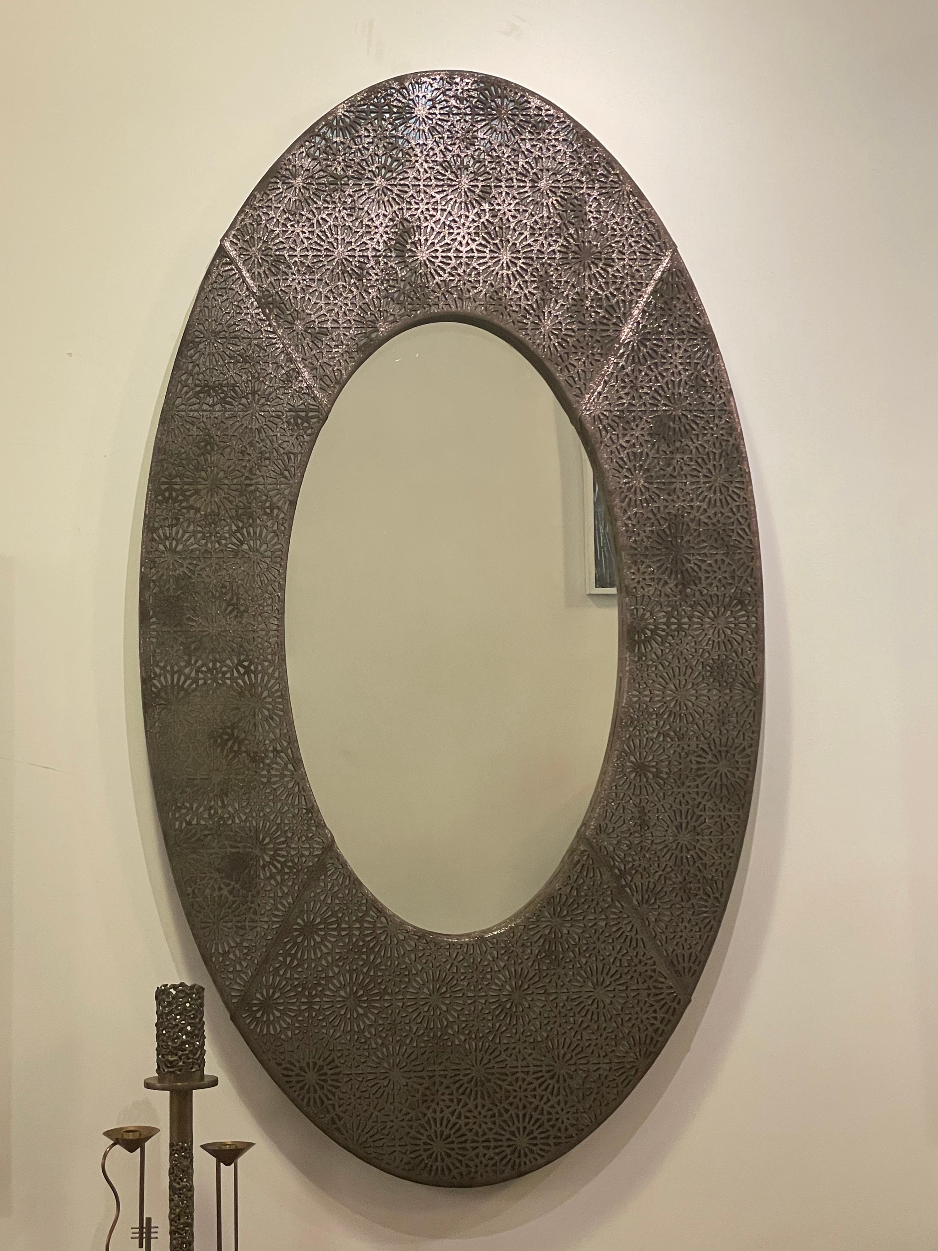 American Modern Brown and Silver Metallic Leather Oval Mirror For Sale at  1stDibs