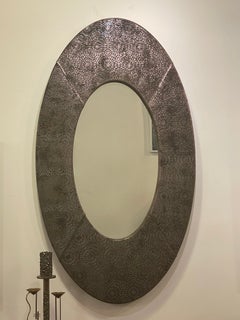 American Modern Brown and Silver Metallic Leather Oval Mirror