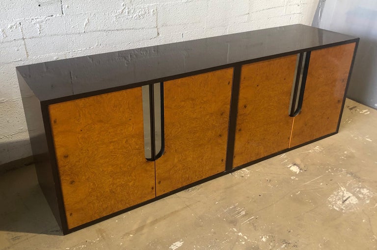 American Modern Burlwood, Black Lacquer and Chrome Credenza, Pace Collection In Good Condition For Sale In Hollywood, FL