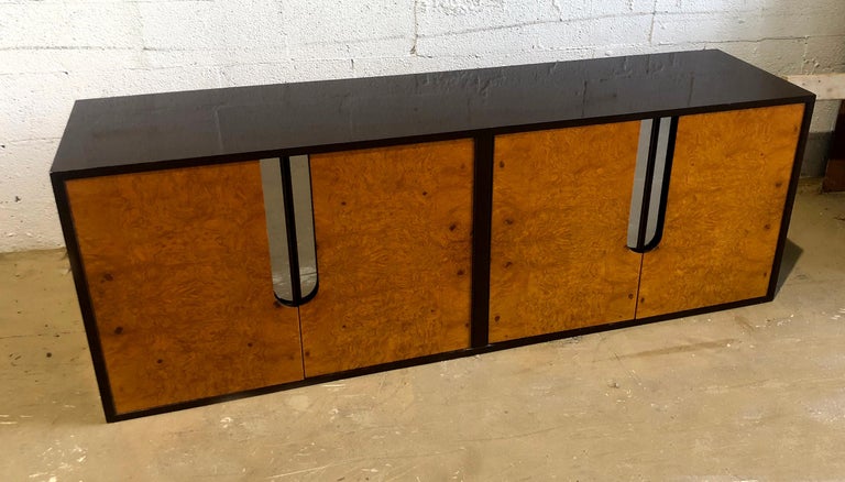 Late 20th Century American Modern Burlwood, Black Lacquer and Chrome Credenza, Pace Collection For Sale
