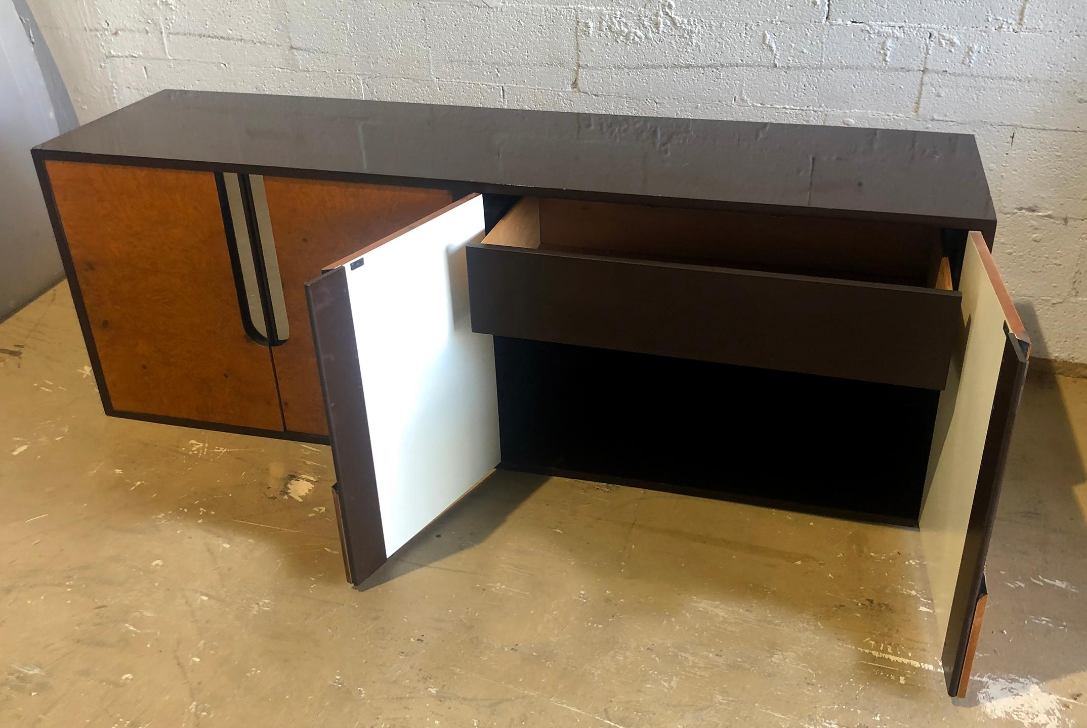 Wood American Modern Burlwood, Black Lacquer and Chrome Credenza, Pace Collection For Sale