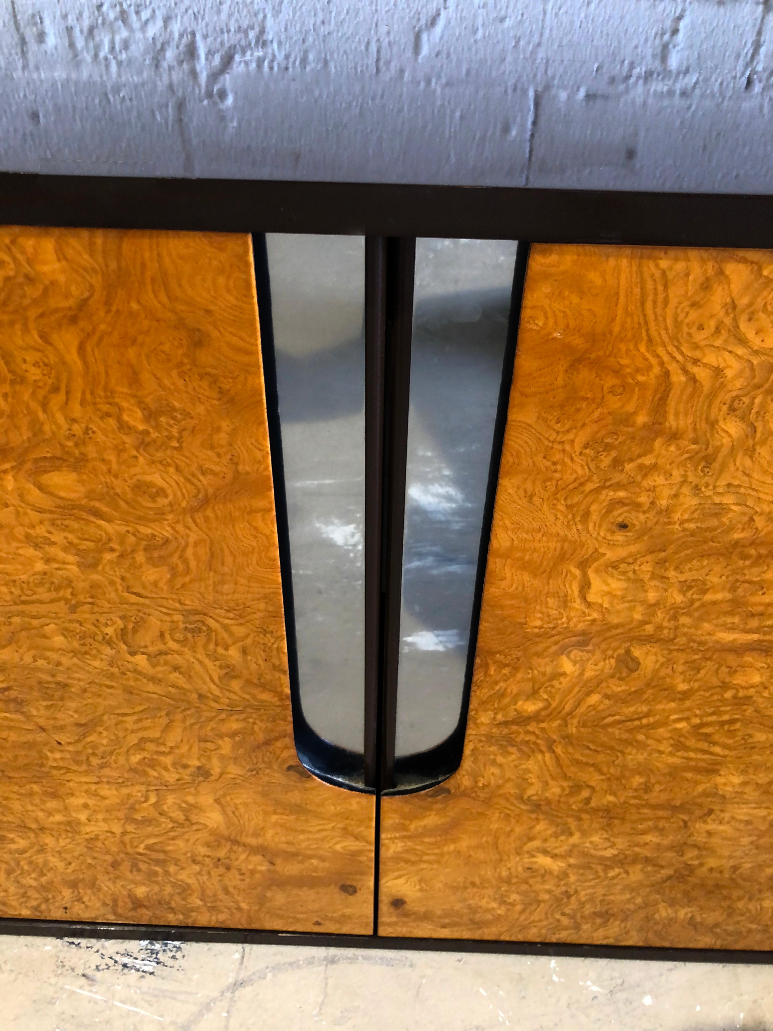 American Modern Burlwood, Black Lacquer and Chrome Credenza, Pace Collection For Sale 1