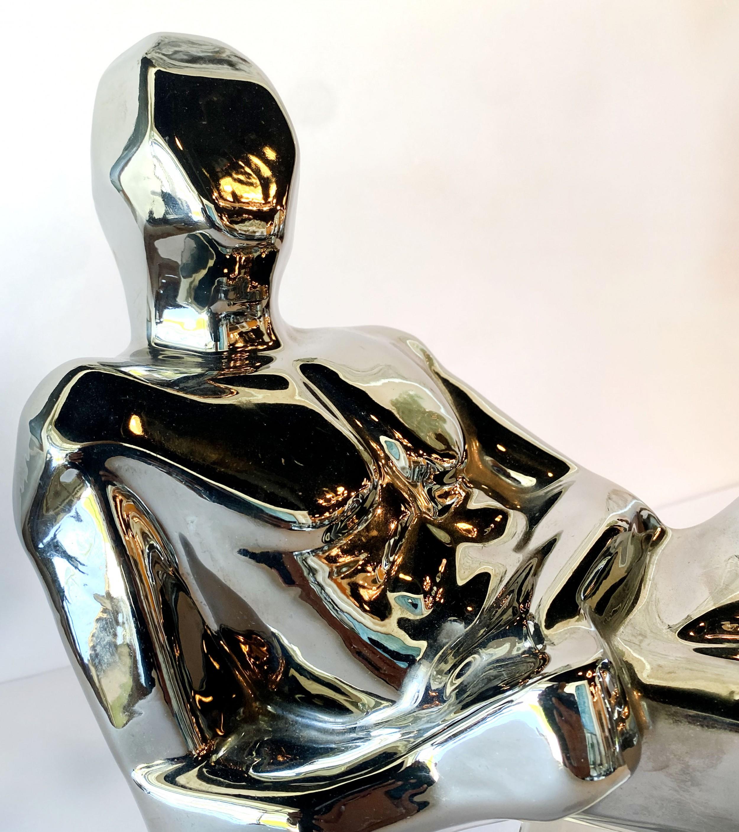 American Modern Ceramic Silver Glazed Reclining Man, Jaru In Good Condition For Sale In New York, NY