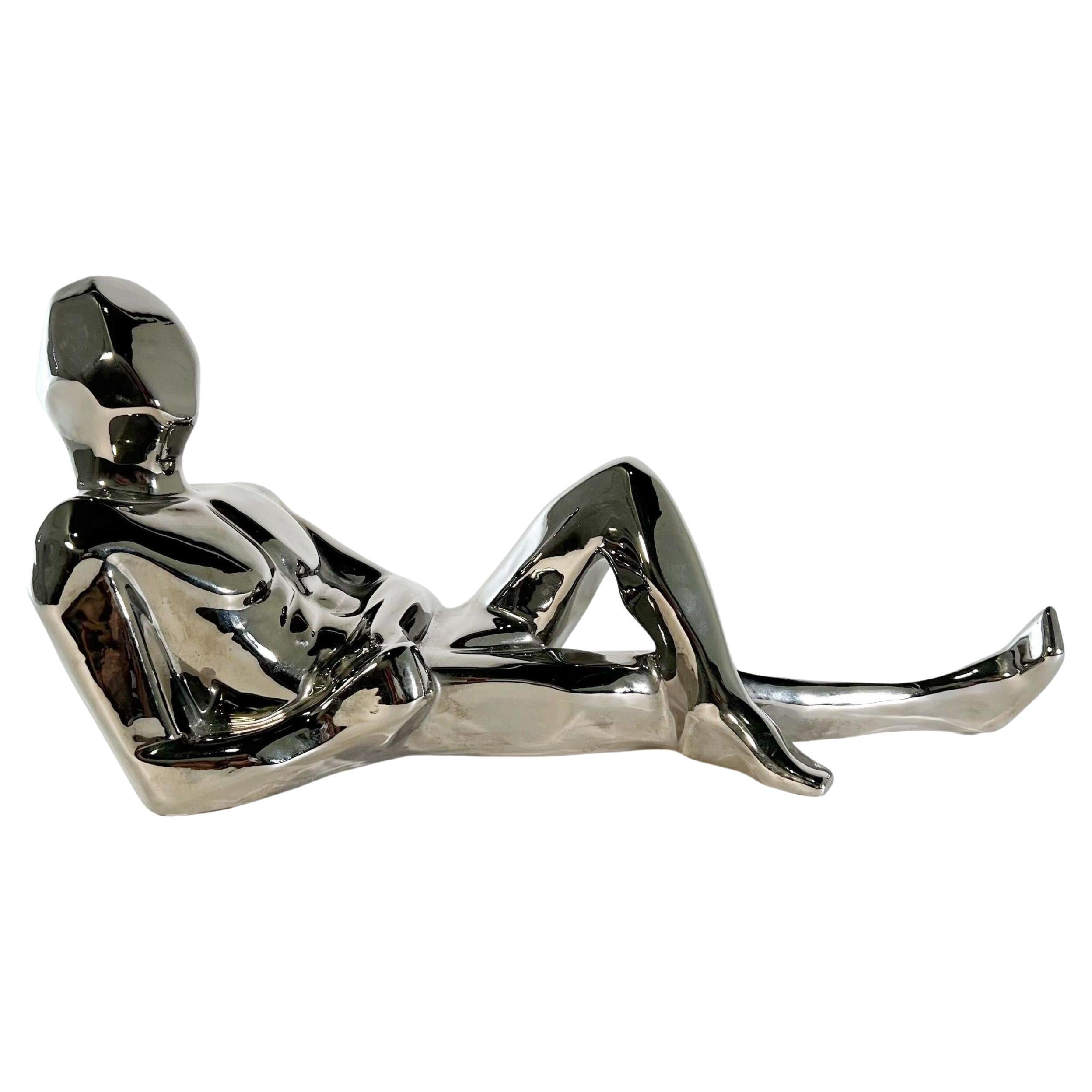 American Modern Ceramic Silver Glazed Reclining Man, Jaru