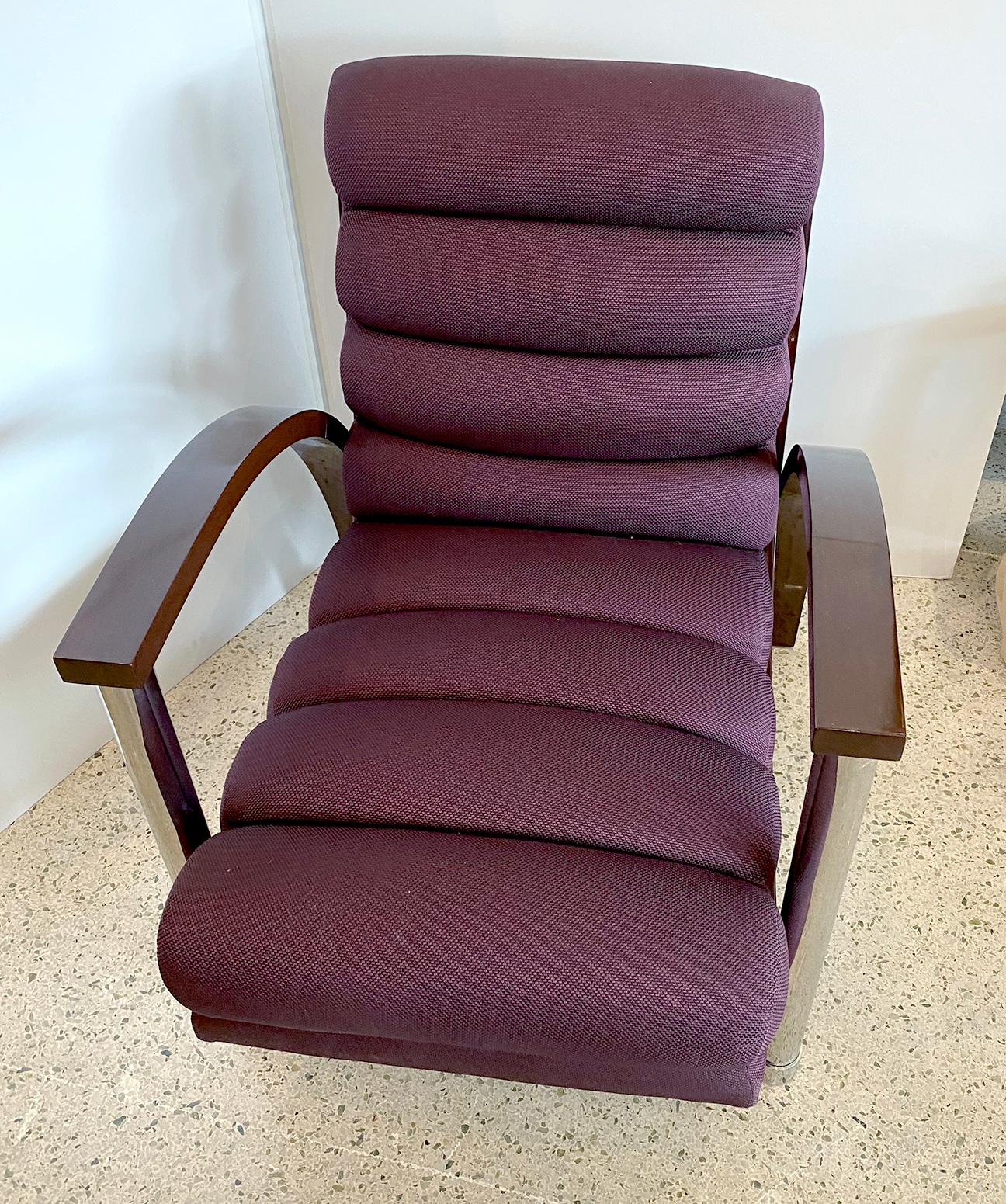 American Modern Dark Oak and Chrome Eclipse Chair Jay Spectre Channeled Upholste In Good Condition For Sale In Hollywood, FL