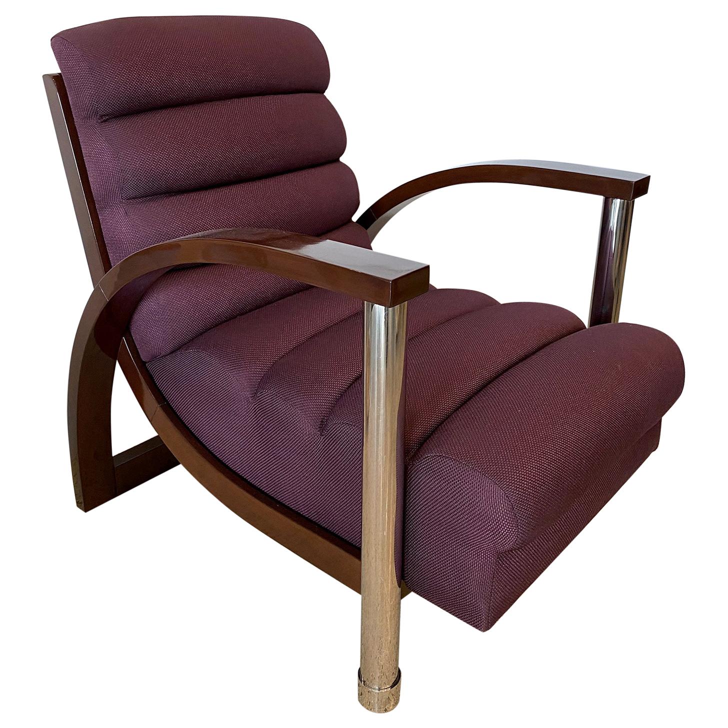 American Modern Dark Oak and Chrome Eclipse Chair Jay Spectre Channeled Upholste For Sale
