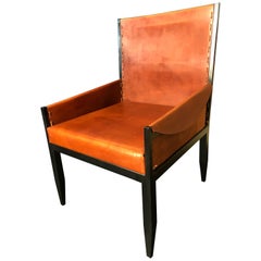 American Modern Fine Leather & Bronzed Metal Club Chair, Coach Leather Inc.