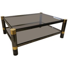 American Modern Gun Metal and Brass, Smoked Glass Coffee Table, Karl Springer