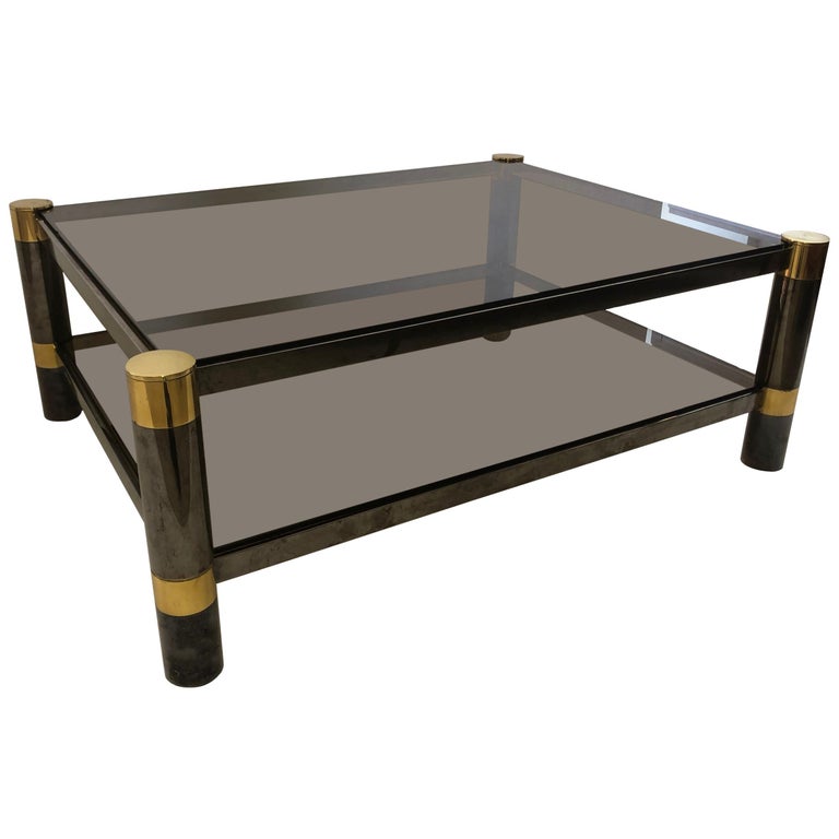 American Modern Gun Metal and Brass, Smoked Glass Coffee Table, Karl