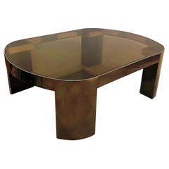 American Modern Gunmetal, Brass & Smoked Glass Banker Coffee Table Karl Springer