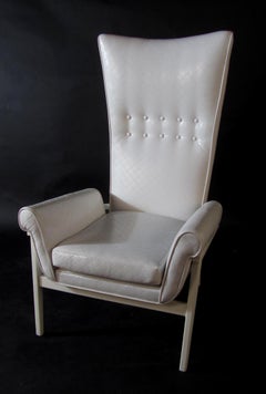 American Modern High Back Button Tufted White Lacquer Lounge Chair, James Mont