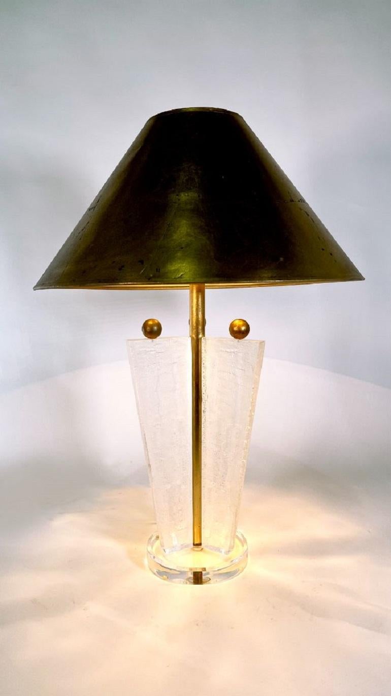 American modern lucite table lamp with gold leaf shade Signed VanTeal.