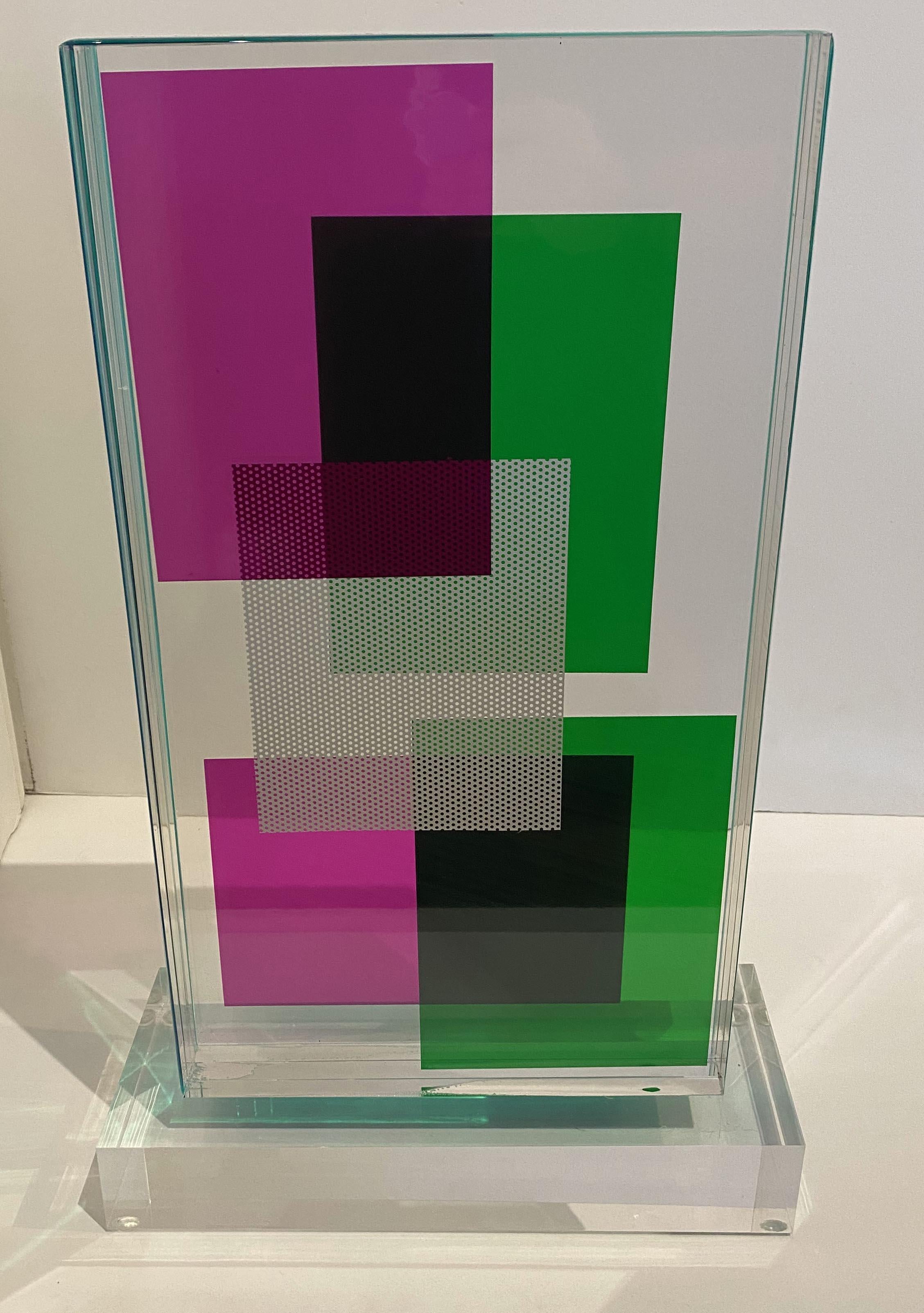 the monolithic lucite block, hand colored on the interiors, with geometric motif, laminated together, on a base. Signed by the artist.SELECTED SOLO EXHIBITIONS

Selected Exhibitions of the artist

NY Art Gallery, Santa Cruz de Tenerife, Spain