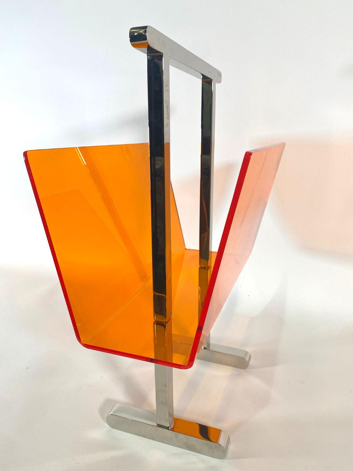 American Modern Orange Lucite/Polished Nickel Magazine Rack, Charles Hollis Jones 1