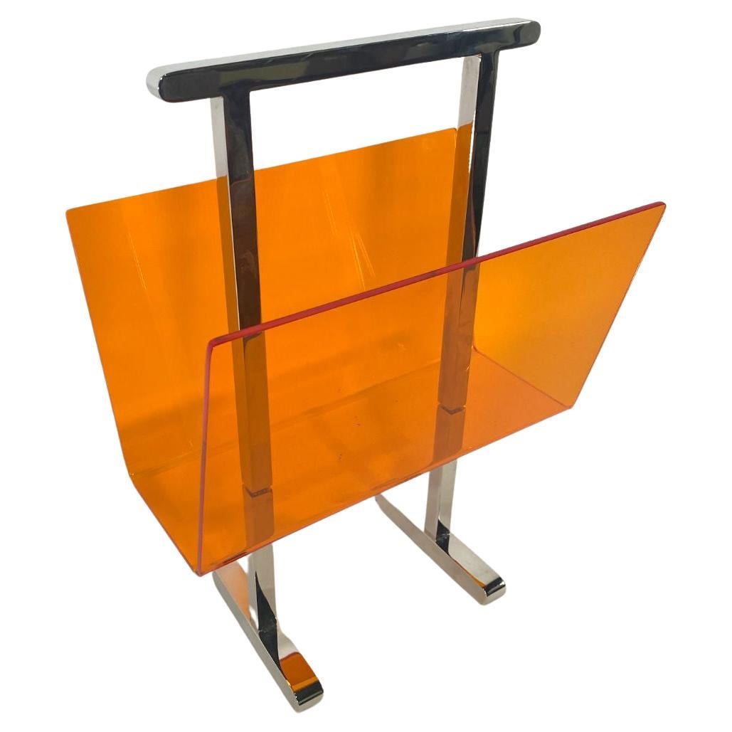 American Modern Orange Lucite/Polished Nickel Magazine Rack, Charles Hollis Jones