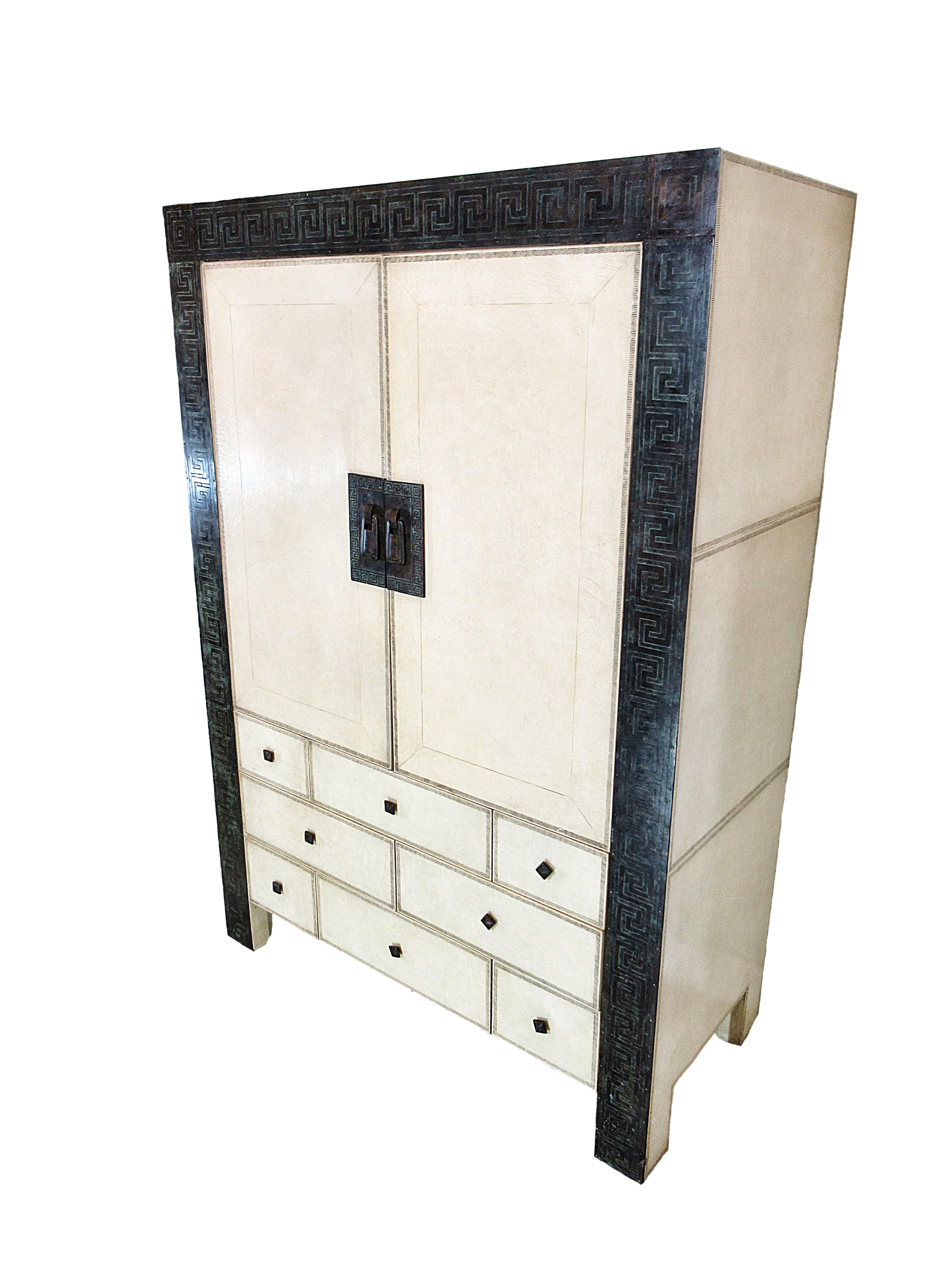 Mid-Century Modern American Modern Parchment/ Leather/ Bronze Dry Bar Cabinet, Maitland Smith