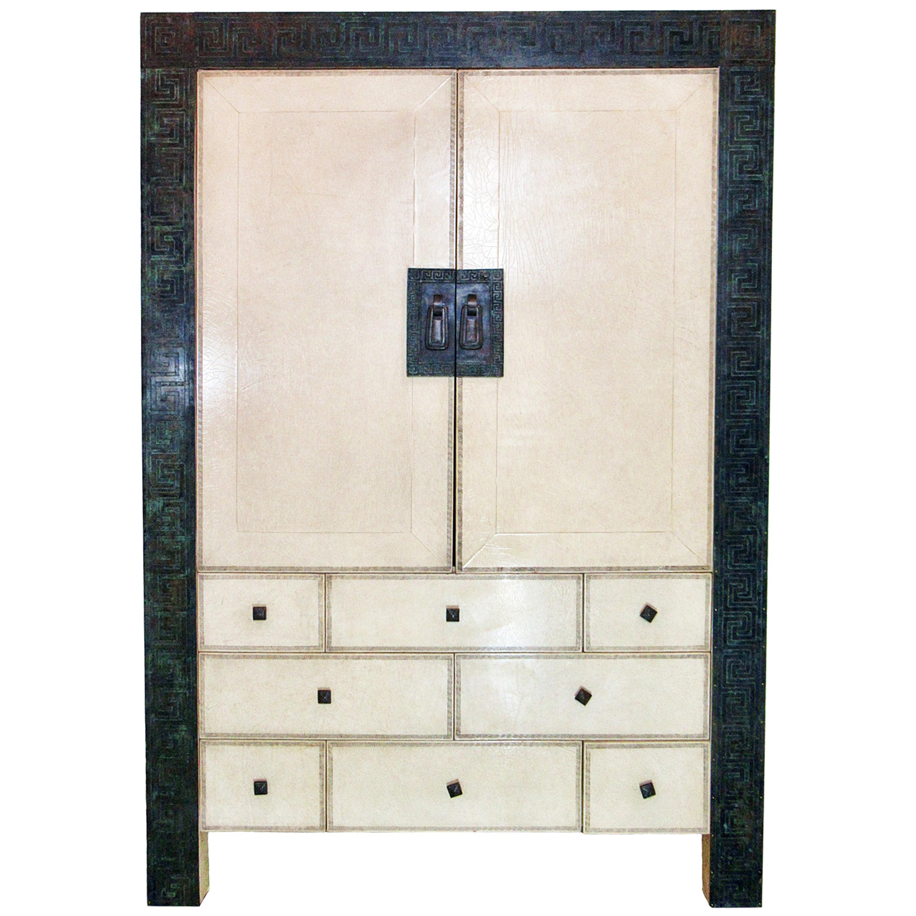 American Modern Parchment/ Leather/ Bronze Dry Bar Cabinet, Maitland Smith