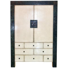 Vintage American Modern Parchment/ Leather/ Bronze Dry Bar Cabinet, Maitland Smith