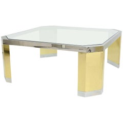 American Modern Polished Brass, Chrome and Glass Low Table, Ron Seff, 1970s