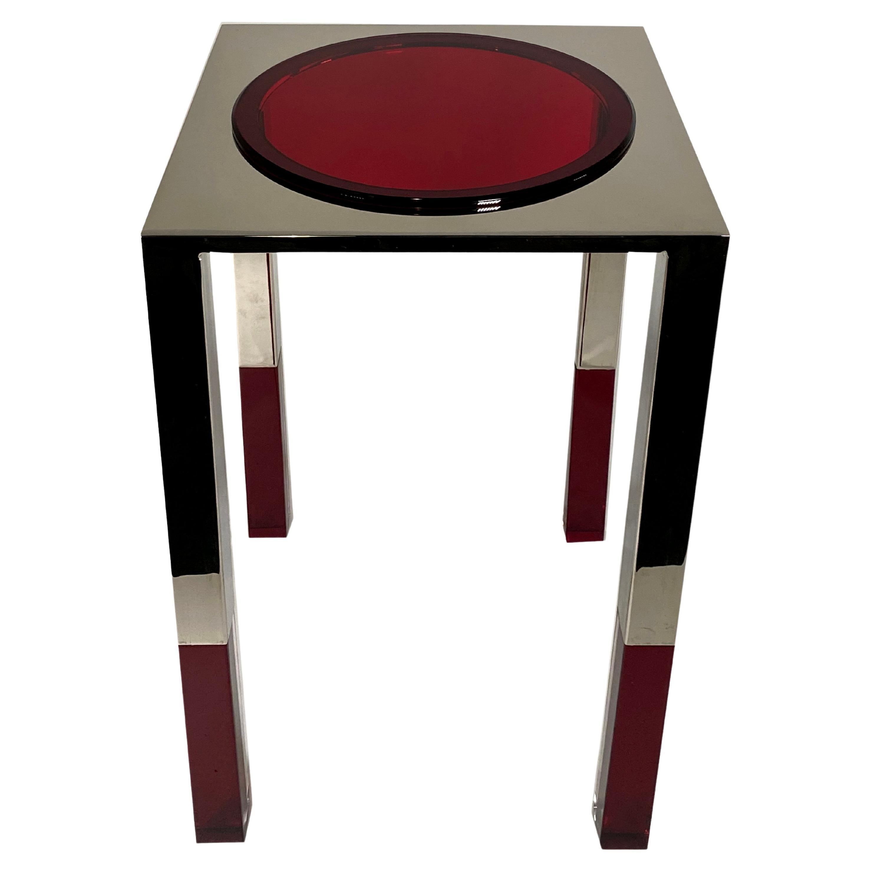 American Modern Polished Nickel and Lucite Table, Charles Hollis Jones For Sale