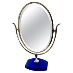 American Modern Polished Nickel & Blue Lucite Vanity Mirror Charles Hollis Jones