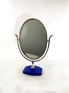 American Modern Polished Nickel & Blue Lucite Vanity Mirror Charles Hollis Jones