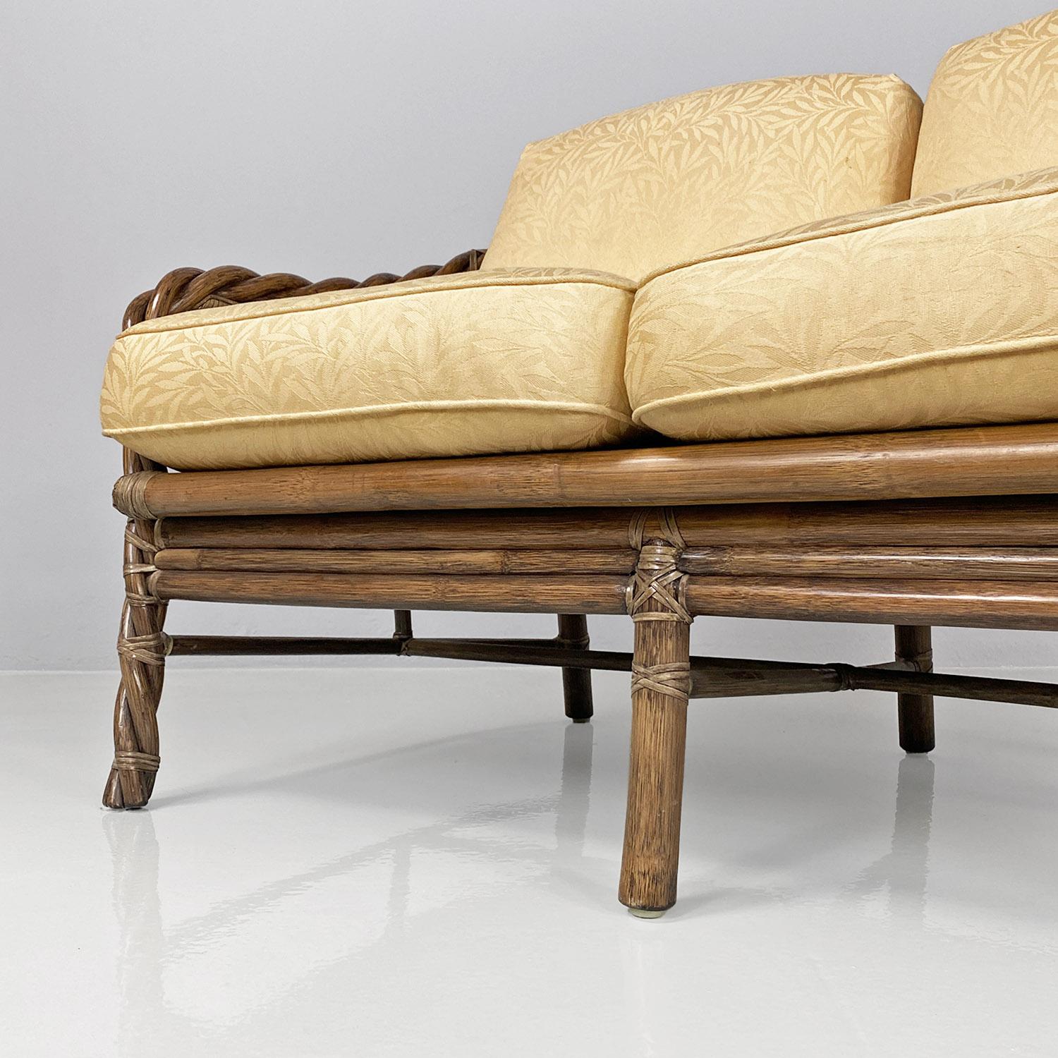 Fabric American modern rattan and beige floreal fabric sofa by McGuire Company, 1970s For Sale