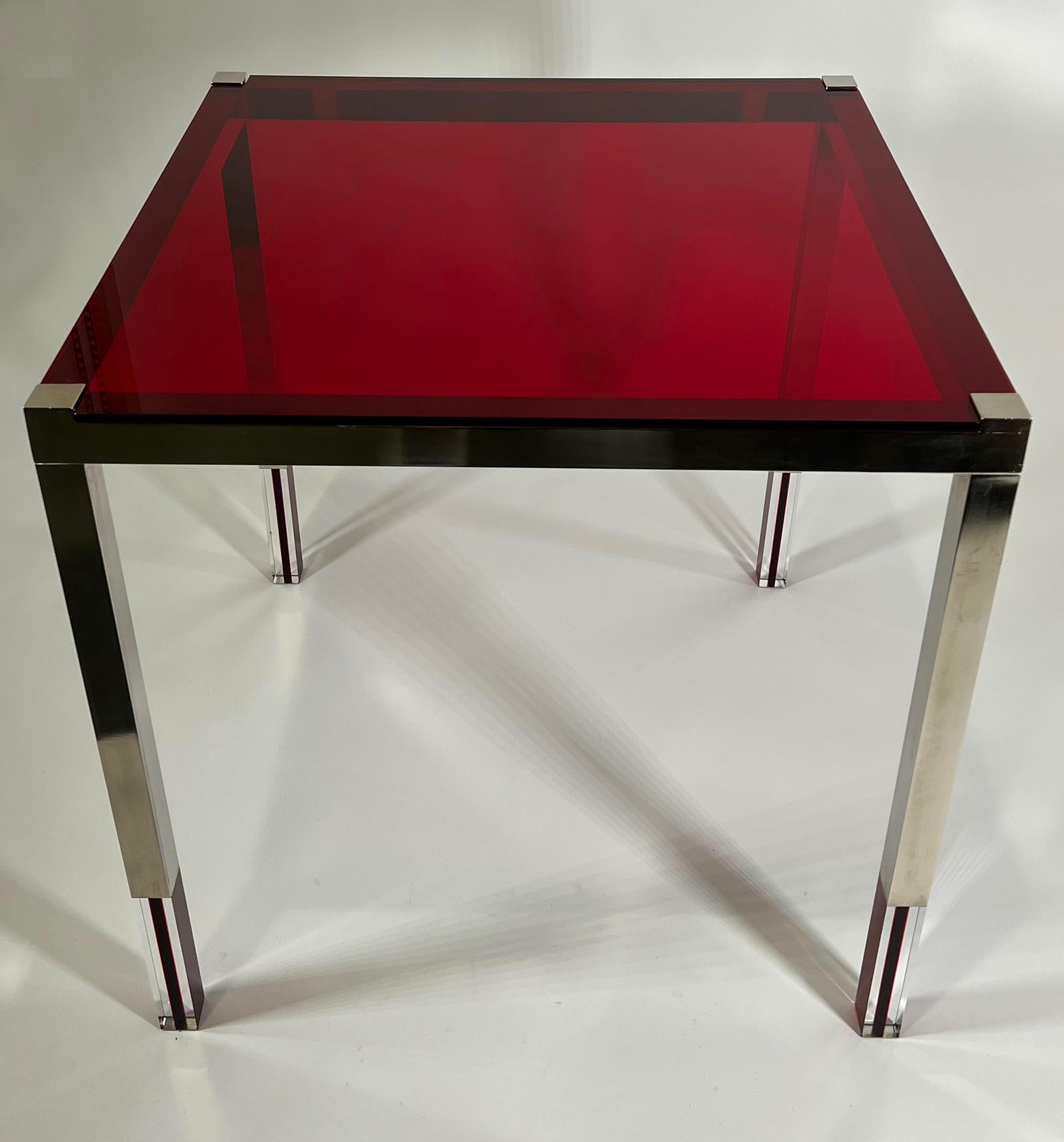 Contemporary American Modern Red & Clear Lucite, & Nickel Game Table, Charles Hollis Jones For Sale