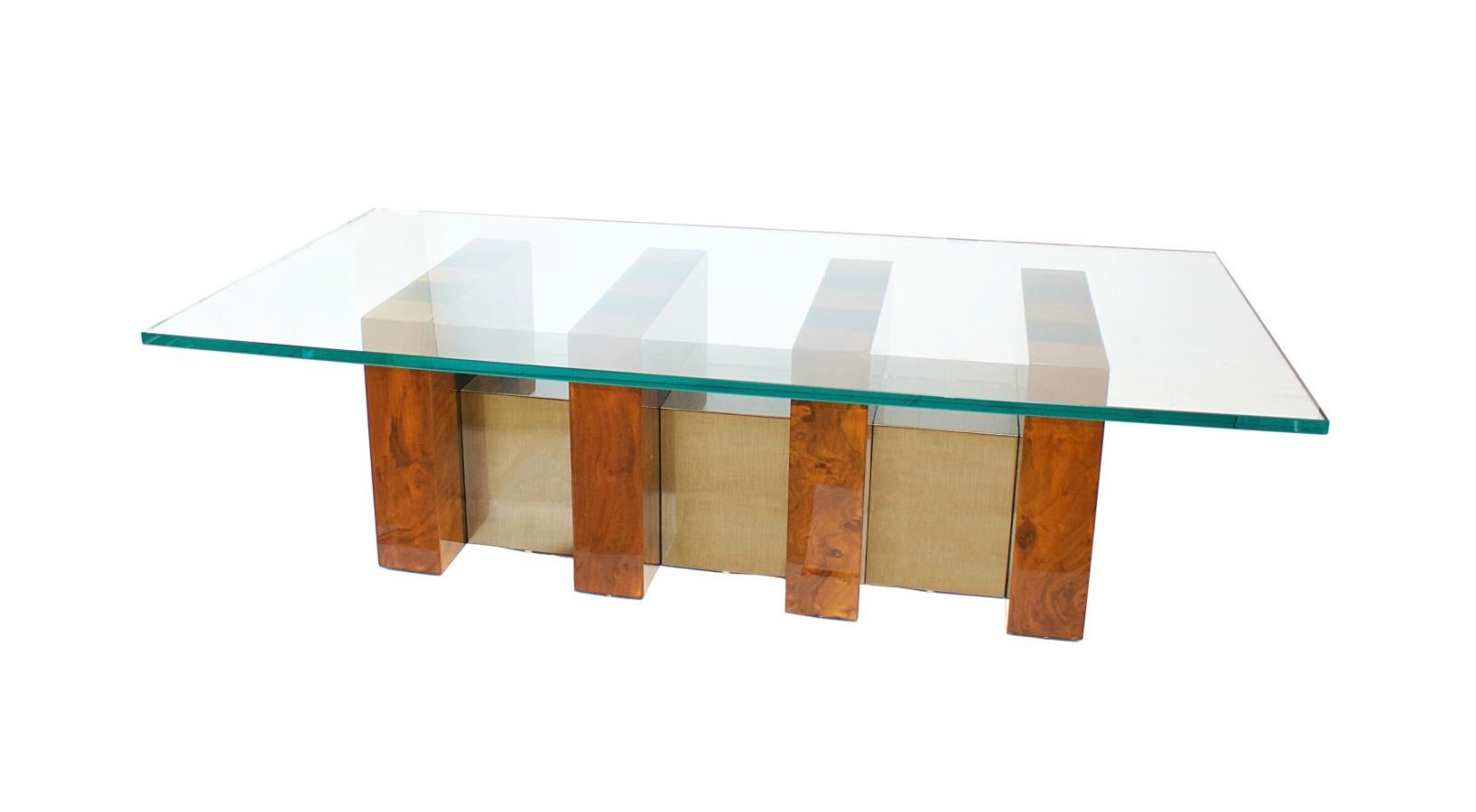 The glass top above 4 cubes with pewter and rosewood banding, divided by stainless sections, signed P Evans.