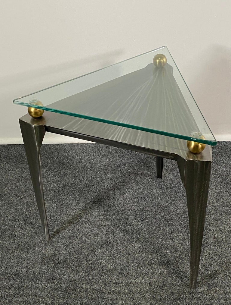 American Modern Steel and Brass Triangular Side Table, Girardini Design ...