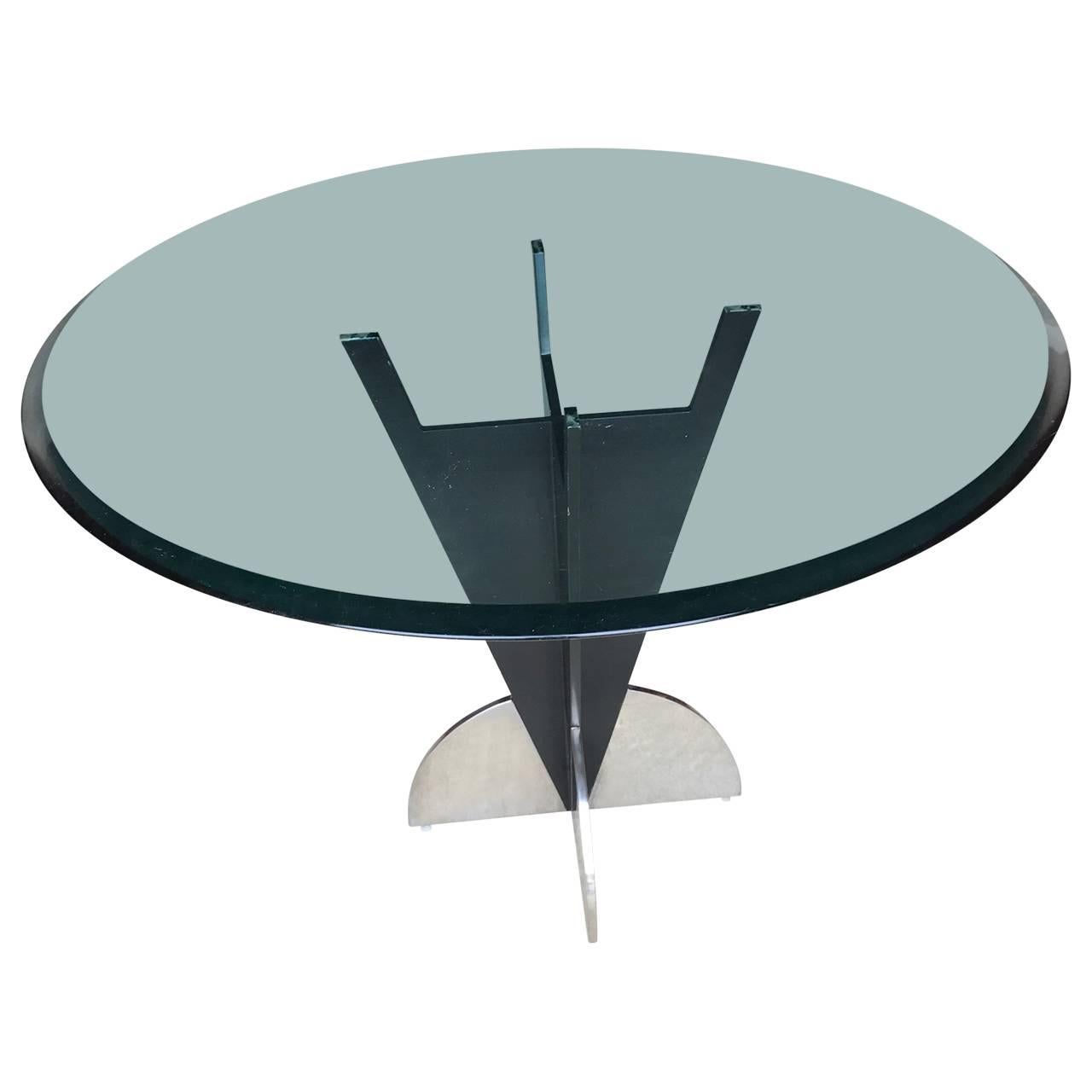 Beveled American Modern Steel Dining Table with Round Tinted Glass Top