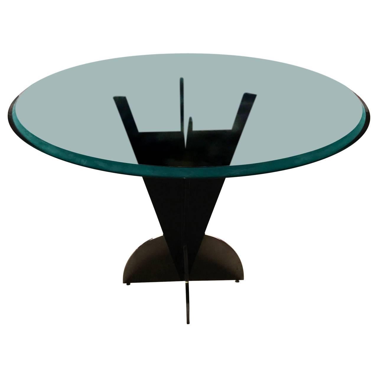 American Modern Steel Dining Table with Round Tinted Glass Top In Good Condition In Haddonfield, NJ
