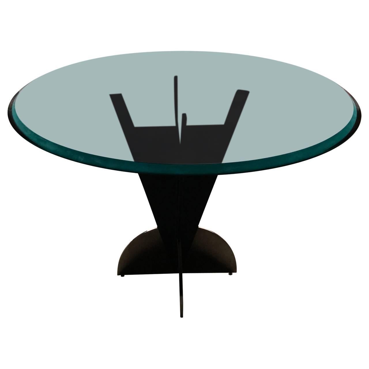 20th Century American Modern Steel Dining Table with Round Tinted Glass Top