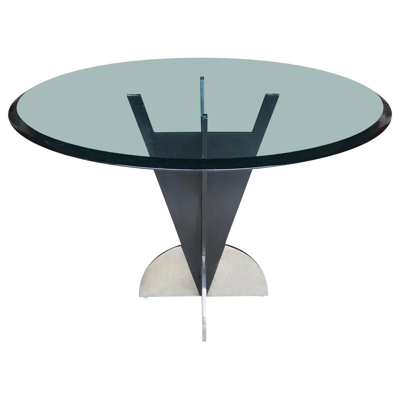 American Modern Steel Dining Table with Round Tinted Glass Top